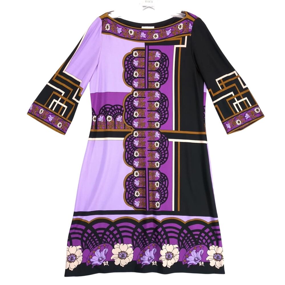 Vintage 90s Jin by Donna Morgan Purple Asian Motif A-Line Dress Sz 10 Flare Slv